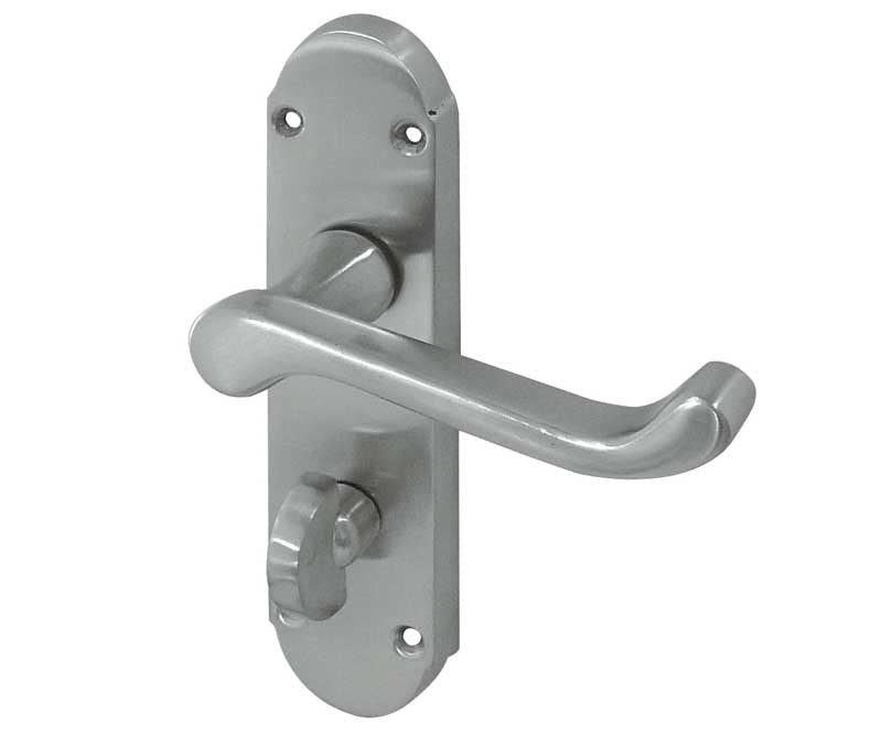 High quality image of Frelan - Epsom Suite Door Handle on Bathroom Plate Satin Chrome Sku. JV250BSC