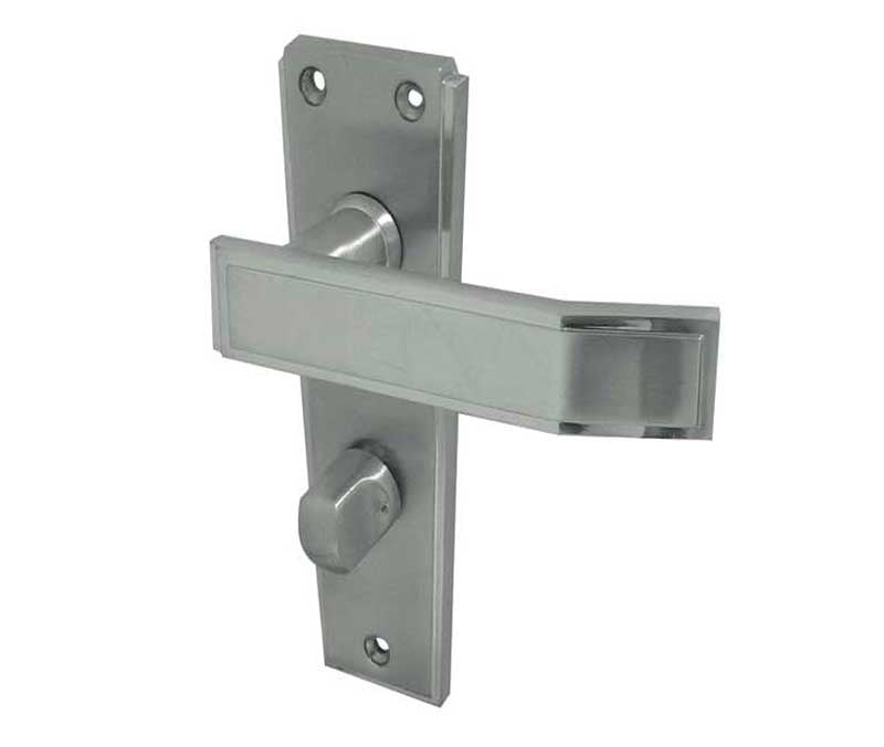 High quality image of Frelan - Deco Door Handle on Bathroom Plate Satin Chrome Sku. JV255SC