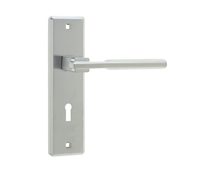 High quality image of Frelan - Delta Suite Door Handles on Lockplate Satin Chrome Sku. JV3003SC