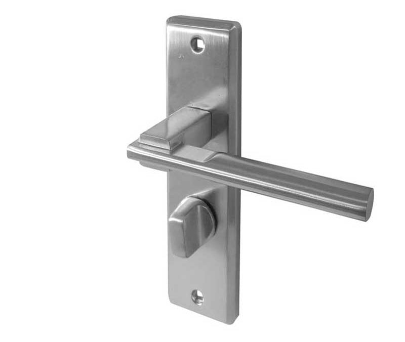 High quality image of Frelan - Delta Suite Door Handles on Bathrooom Plate Satin Chrome Sku. JV3023SC