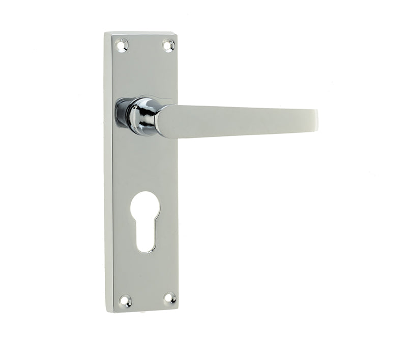 High quality image of Frelan - Victorian Straight Door Handles on Euro Profile Lockplate Polished Chrome Sku. JV30EPC