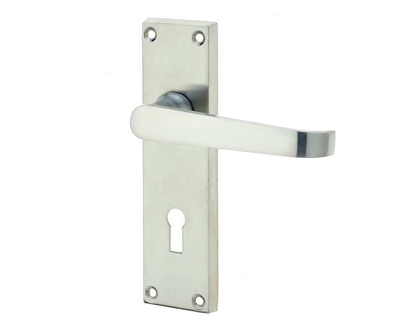 High quality image of Frelan - Victorian Straight Door Handle on Lockplate Satin Chrome Sku. JV30SC