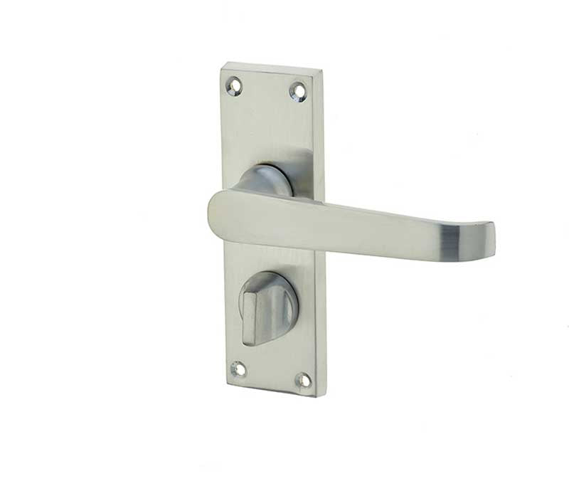 High quality image of Frelan - Victorian Straight Door Handle on Privacy Plate Satin Chrome Sku. JV31PRSC