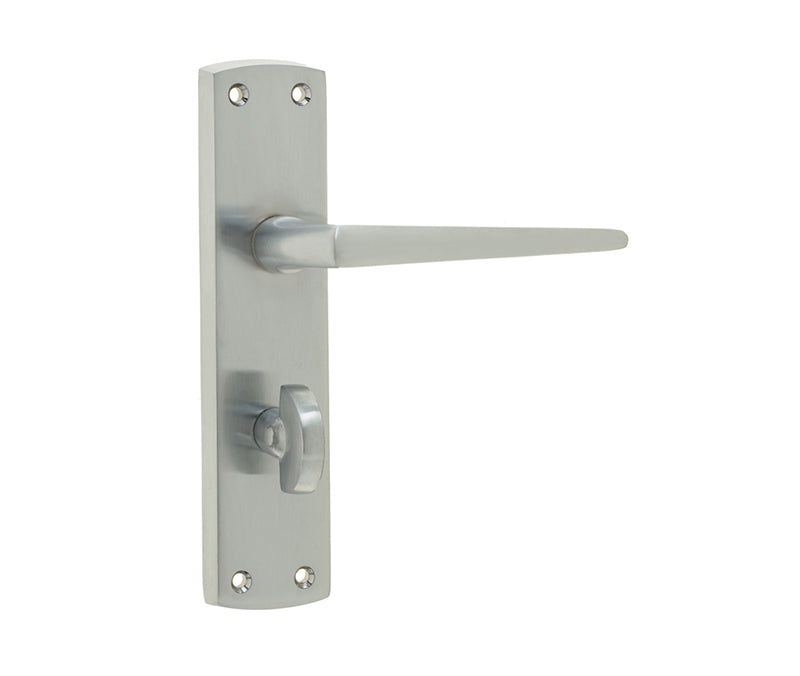 High quality image of Frelan - Bray Door Handle on Bathroom Plate Satin Chrome Sku. JV393SC