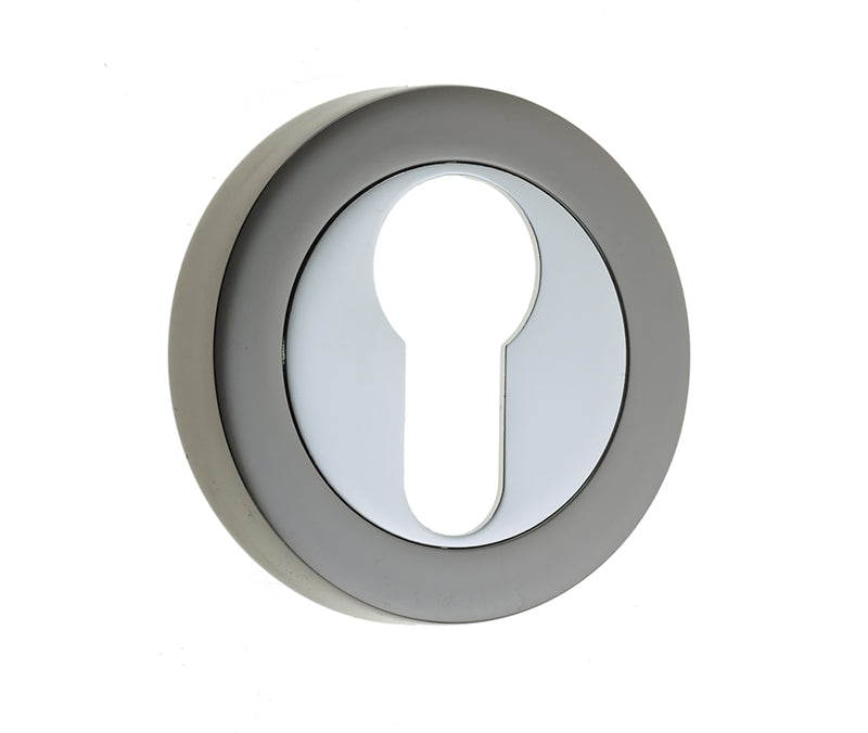 High quality image of Frelan - Jedo Dual Euro Profile Escutcheons on 50mm Round Rose Polished Chrome Polished Black Nickel Sku. JV503EPCBN