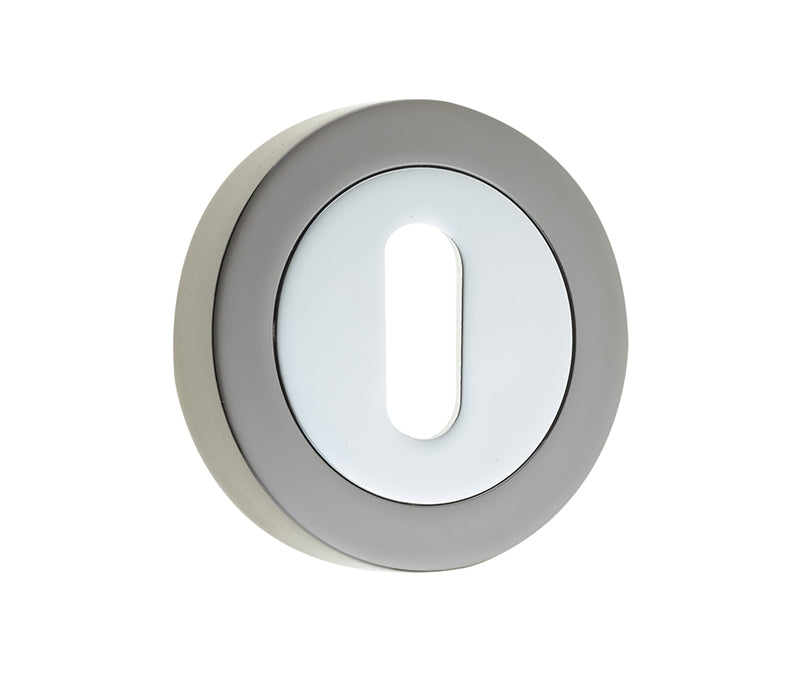 High quality image of Frelan - Jedo Dual Standard Keyway Escutcheons on 50mm Round Rose Polished Chrome Polished Black Nickel Sku. JV503PCBN