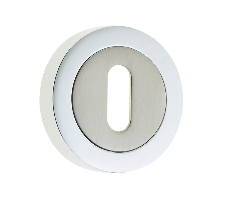 High quality image of Frelan - Jedo Dual Standard Keyway Escutcheons on 50mm Round Rose Polished Chrome / Satin Nickel Sku. JV503PCSN