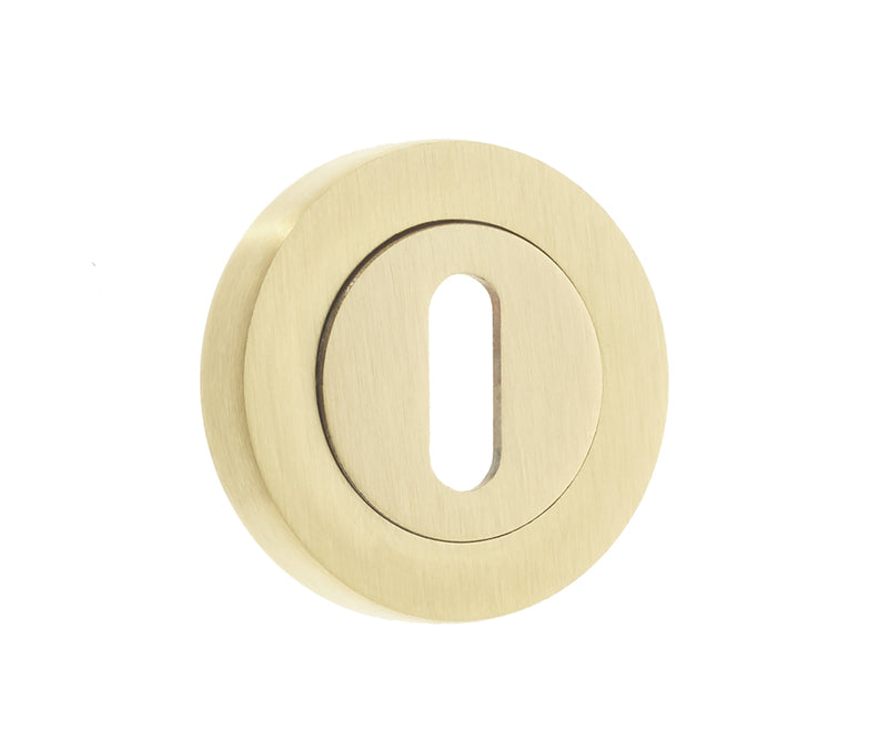 High quality image of Frelan - Jedo Designer Standard Keyway Escutcheons on 50mm Round Rose Satin Brass Sku. JV503SB