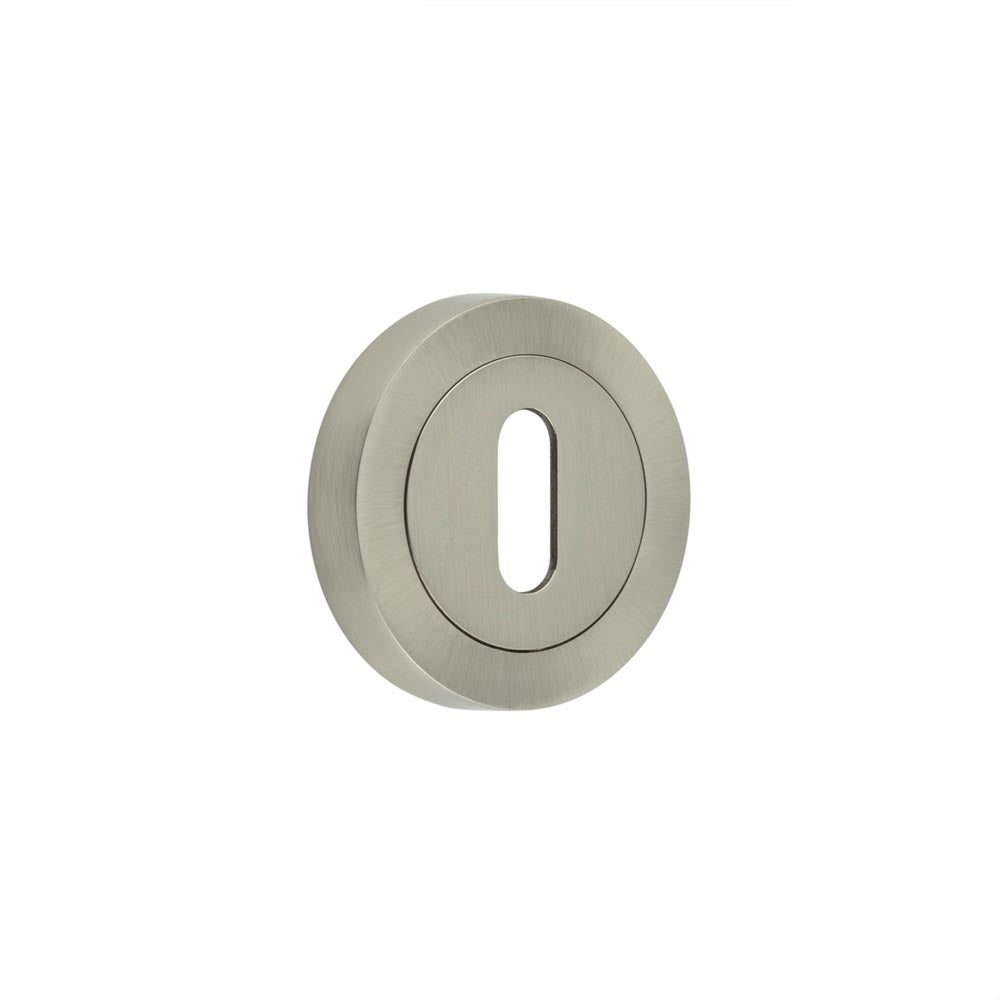 High quality image of Frelan - Jedo Designer Standard Keyway Escutcheons on 50mm Round Rose Satin Nickel Sku. JV503SN
