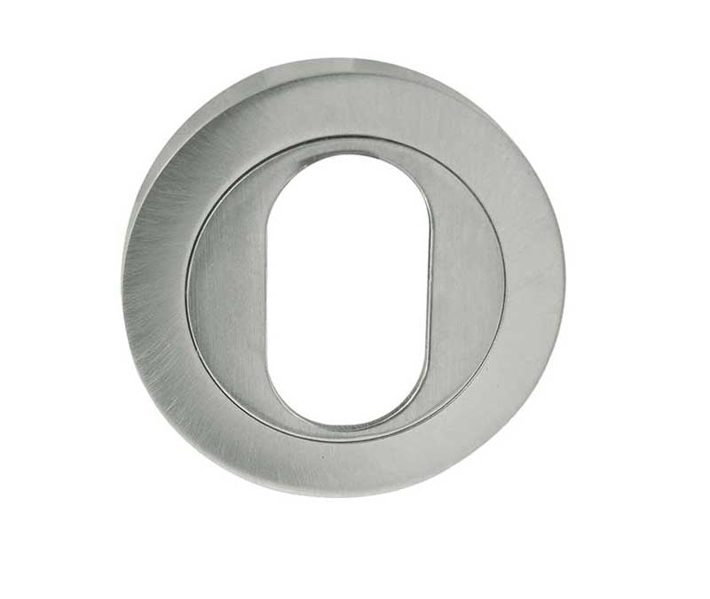 High quality image of Frelan - Jedo Designer Oval Profile Escutcheons on 50mm Round Rose Satin Chrome Sku. JV503USC