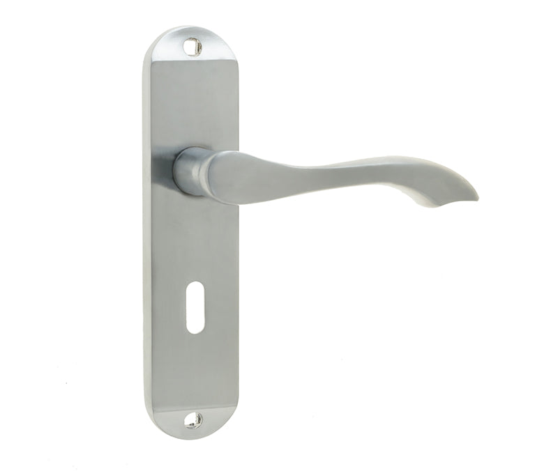 High quality image of Frelan - Broadway Suite Door Handle on Lockplate Satin Chrome Sku. JV920SC