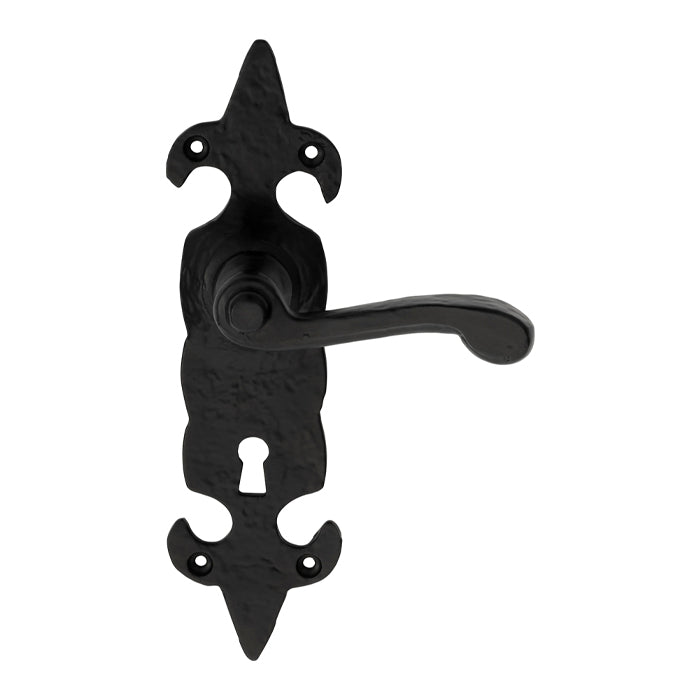 High quality image of Ludlow - Fleur de lys' Lever on Lock Backplate - Black Antique | Sku. lf5504 | Trade Door Handles.