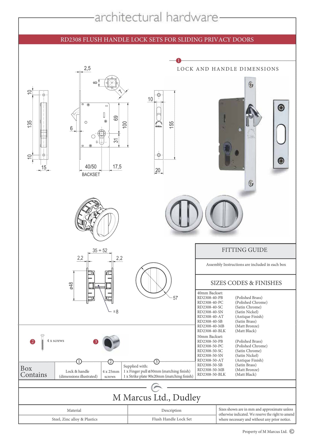 M.Marcus Locks & Latches Polished Chrome / Sliding Door Locks / Round M.Marcus - SLD Lock C/W RD Privacy Turns 40mm Polished Chrome