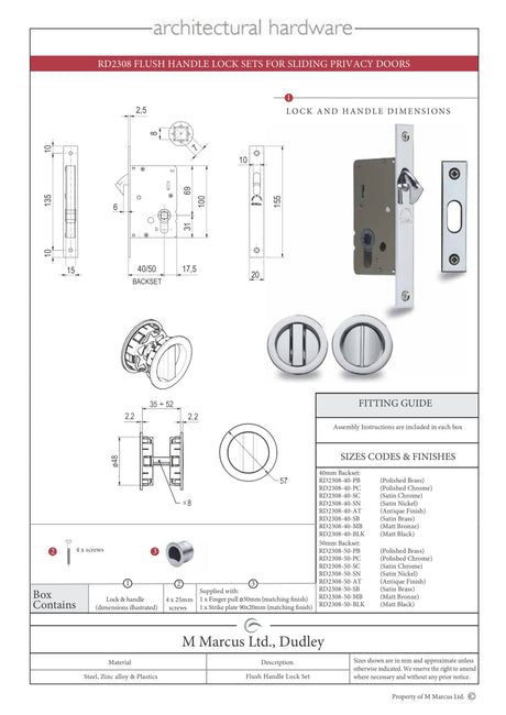 M.Marcus Locks & Latches Polished Chrome / Sliding Door Locks / Round M.Marcus - SLD Lock C/W RD Privacy Turns 40mm Polished Chrome