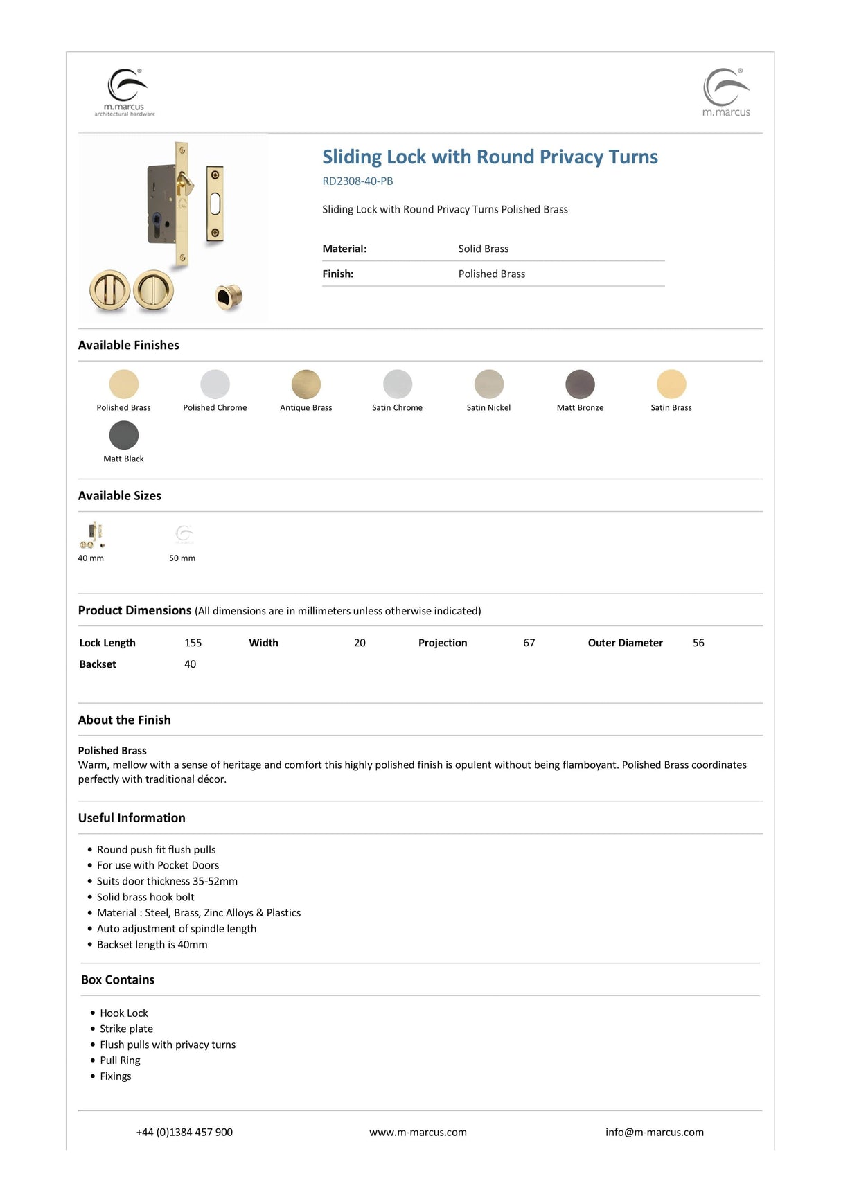 M.Marcus Locks & Latches Polished Chrome / Sliding Door Locks / Round M.Marcus - SLD Lock C/W RD Privacy Turns 40mm Polished Chrome