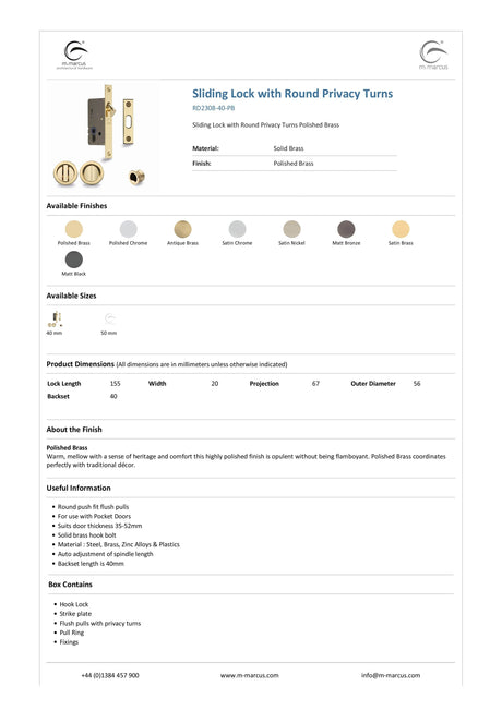 M.Marcus Locks & Latches Polished Chrome / Sliding Door Locks / Round M.Marcus - SLD Lock C/W RD Privacy Turns 40mm Polished Chrome
