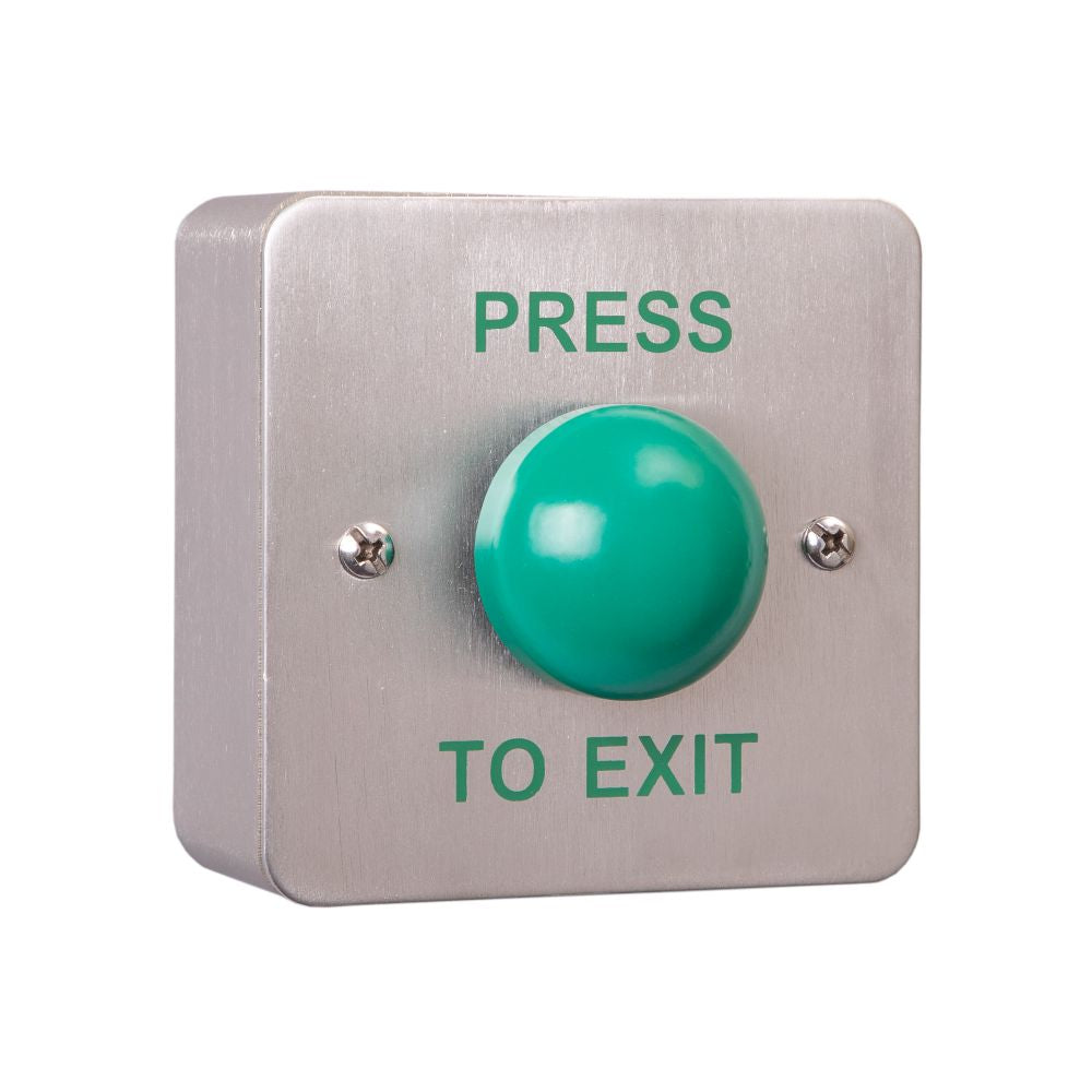High quality image of the Zoo Hardware - SS Steel Plate, Green Dome Steel Button c/w Kobo Back Box - "Press to Exit" | Sku. mext-ebgb-pte | available to order from Trade Door Handles in Kendal.