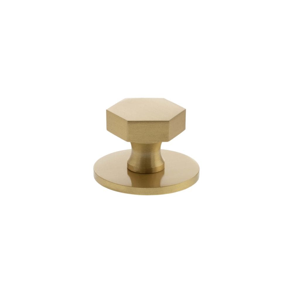 Millhouse Brass Cabinet Hardware Satin Brass / Cabinet Knobs Millhouse Brass Pennington Hexagonal Cabinet Knob Handle on Backplate - Satin Brass