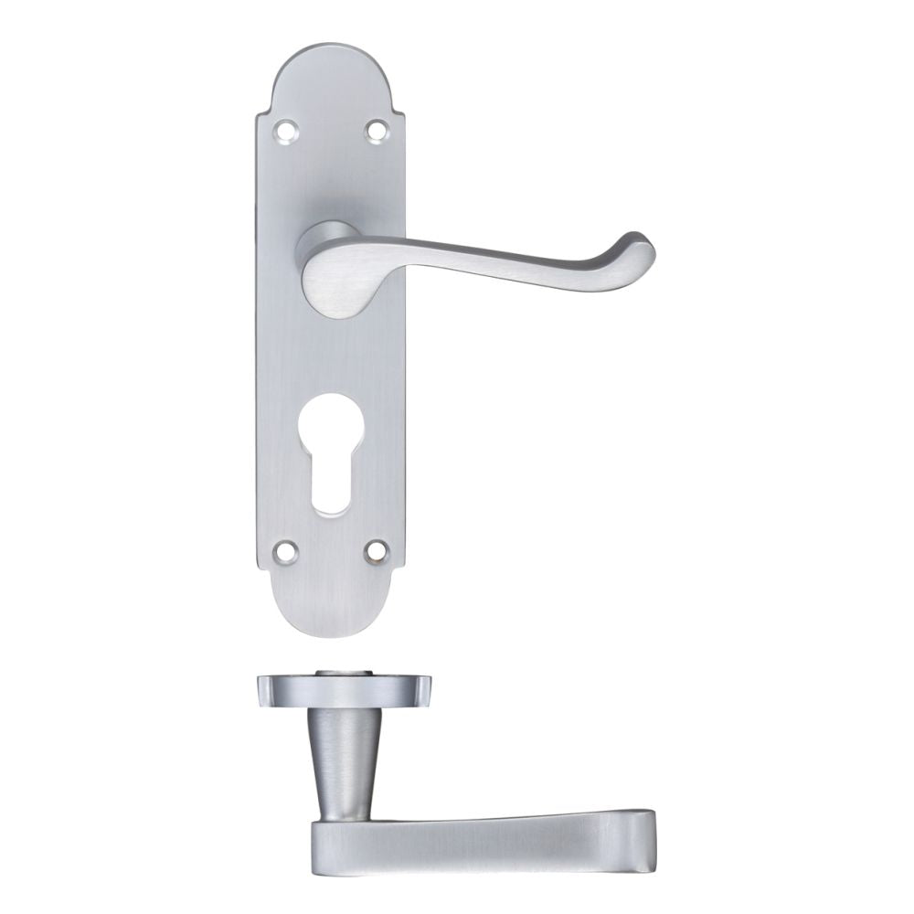 High quality image of the PR0 - Project Range - Project Oxford Lever on Europrofile Lock Backplate - 168mm x 42mm - Satin Chrome | Sku. pr011epsc | available to order from Trade Door Handles.