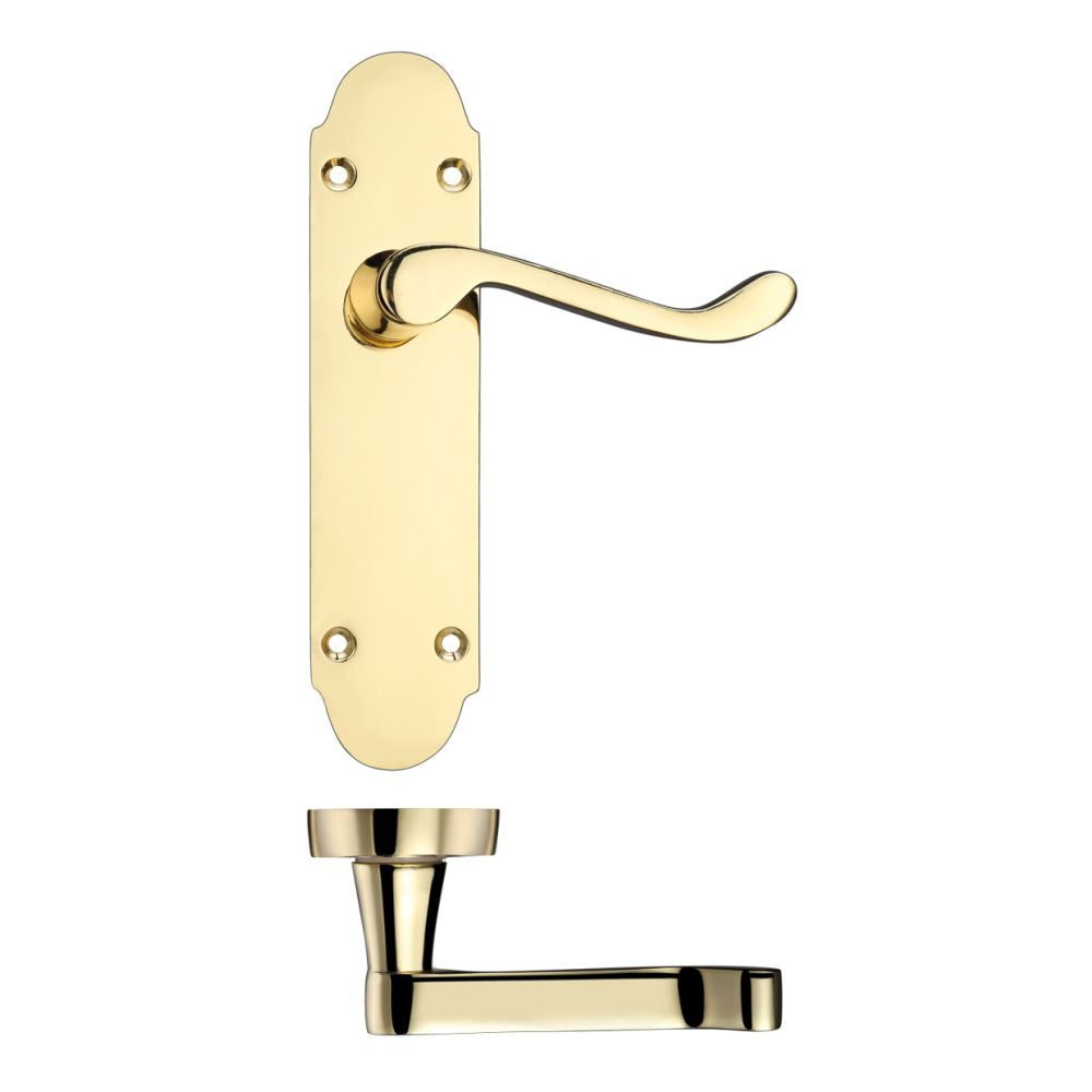 High quality image of the PR0 - Project Range - Project Oxford Lever on Latch Backplate - 168mm x 42mm - Electro Brass | Sku. pr012eb | available to order from Trade Door Handles.