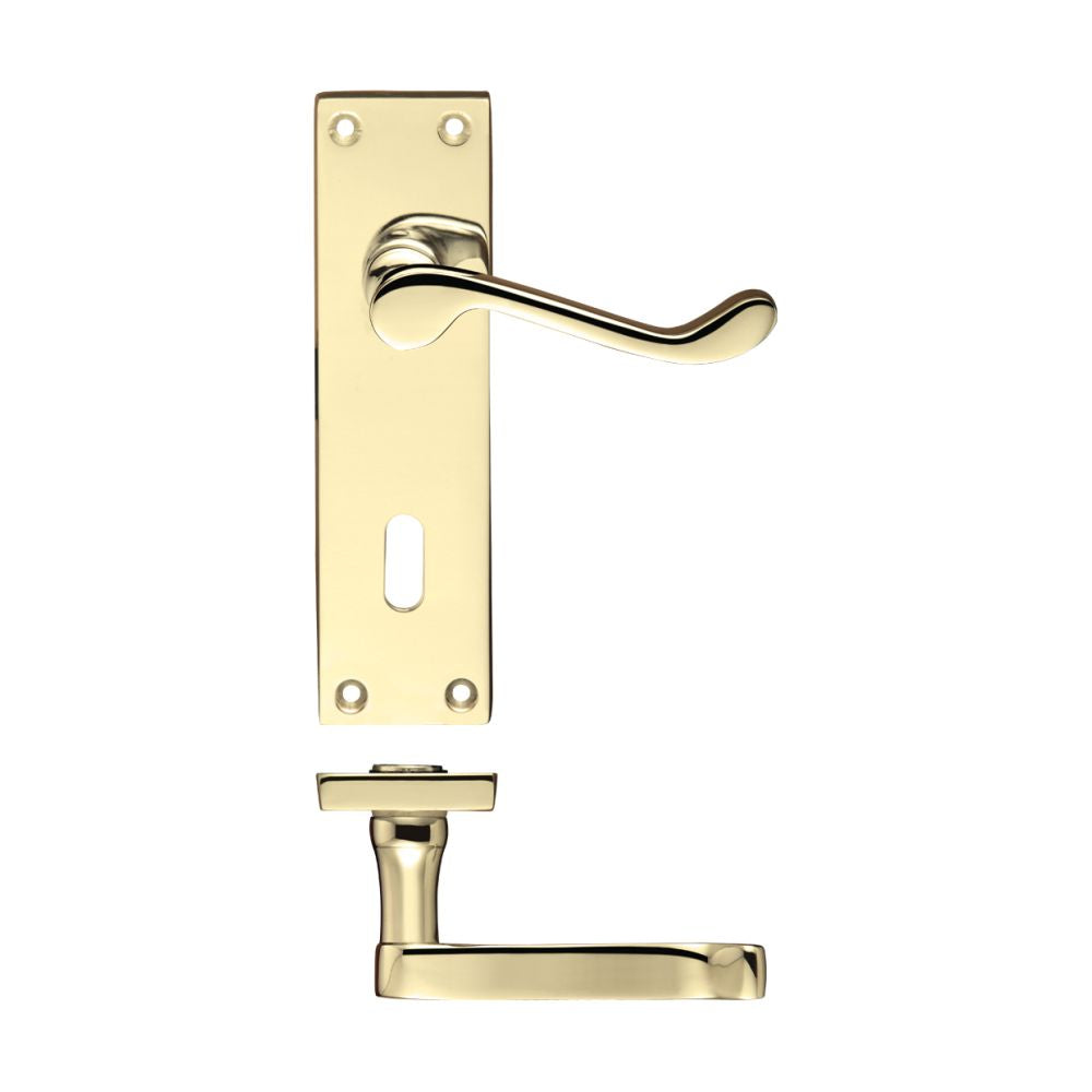 High quality image of the PR0 - Project Range - Project Victorian Scroll Lever on Lock Backplate - 150mm x 40mm - Electro Brass | Sku. pr021eb | available to order from Trade Door Handles.