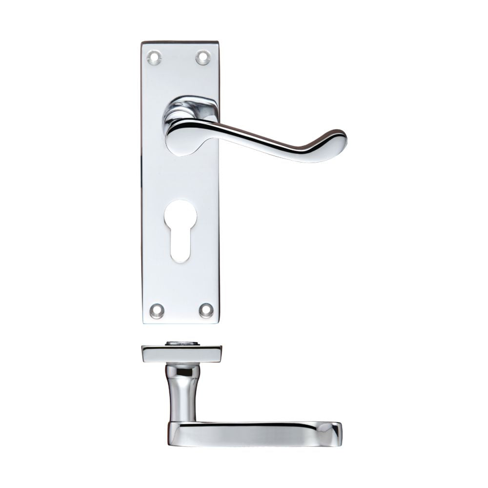 High quality image of the PR0 - Project Range - Project Victorian Scroll Lever on Europrofile Lock Backplate -150mm x 40mm - Polished Chrome | Sku. pr021epcp | available to order from Trade Door Handles.