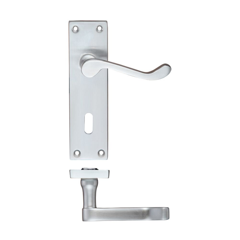 High quality image of the PR0 - Project Range - Project Victorian Scroll Lever on Lock Backplate -150mm x 40mm - Satin Chrome | Sku. pr021sc | available to order from Trade Door Handles.
