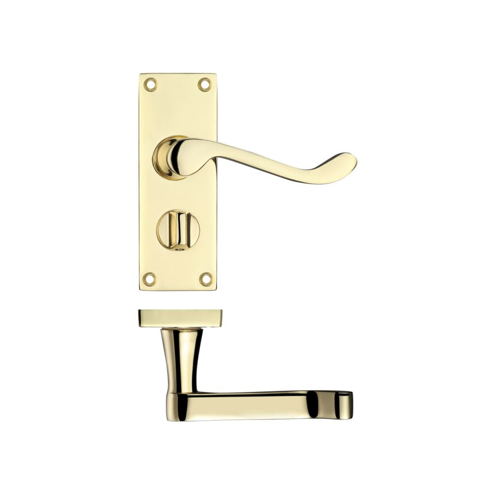 High quality image of the PR0 - Project Range - Project Victorian Scroll Lever on Privacy Backplate -114mm x 40mm - Electro Brass | Sku. pr024eb | available to order from Trade Door Handles.