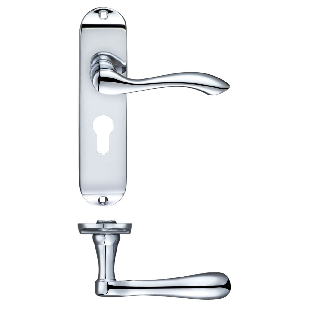 High quality image of the PR0 - Project Range - Project Arundel Lever on Europrofile Lock Backplate - 180mm x 40mm - Polished Chrome | Sku. pr031epcp | available to order from Trade Door Handles.