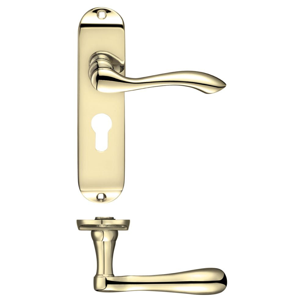 High quality image of the PR0 - Project Range - Project Arundel Lever on Europrofile Lock Backplate - 180mm x 40mm - Electro Brass | Sku. pr031epeb | available to order from Trade Door Handles.