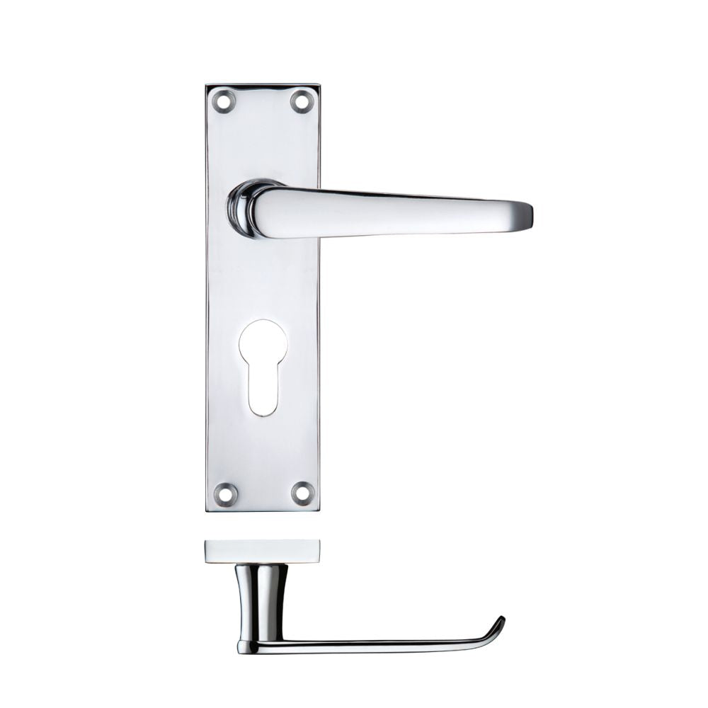 High quality image of the PR0 - Project Range - Project Victorian Flat Lever on Europrofile Lock Backplate 150 x 40mm - Polished Chrome | Sku. pr041epcp | available to order from Trade Door Handles.
