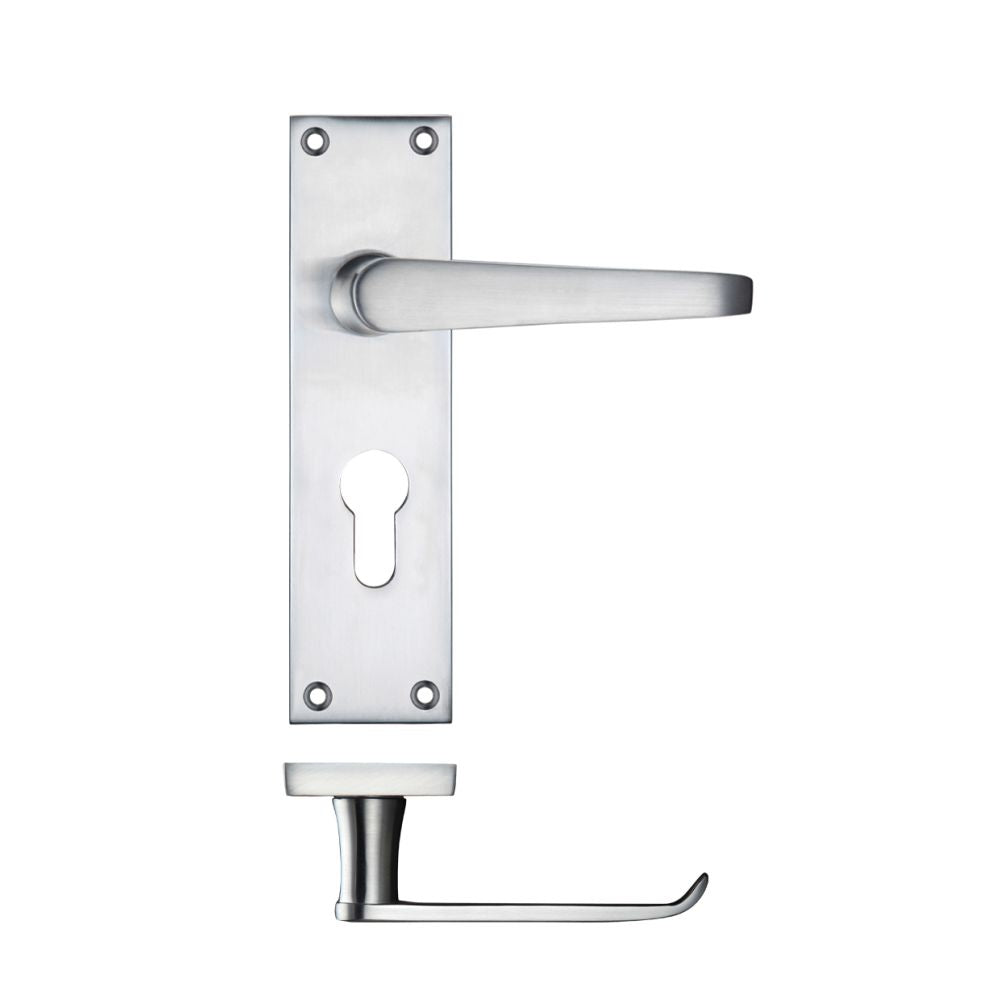 High quality image of the PR0 - Project Range - Project Victorian Flat Lever on Europrofile Lock Backplate 150 x 40mm - Satin Chrome | Sku. pr041epsc | available to order from Trade Door Handles.