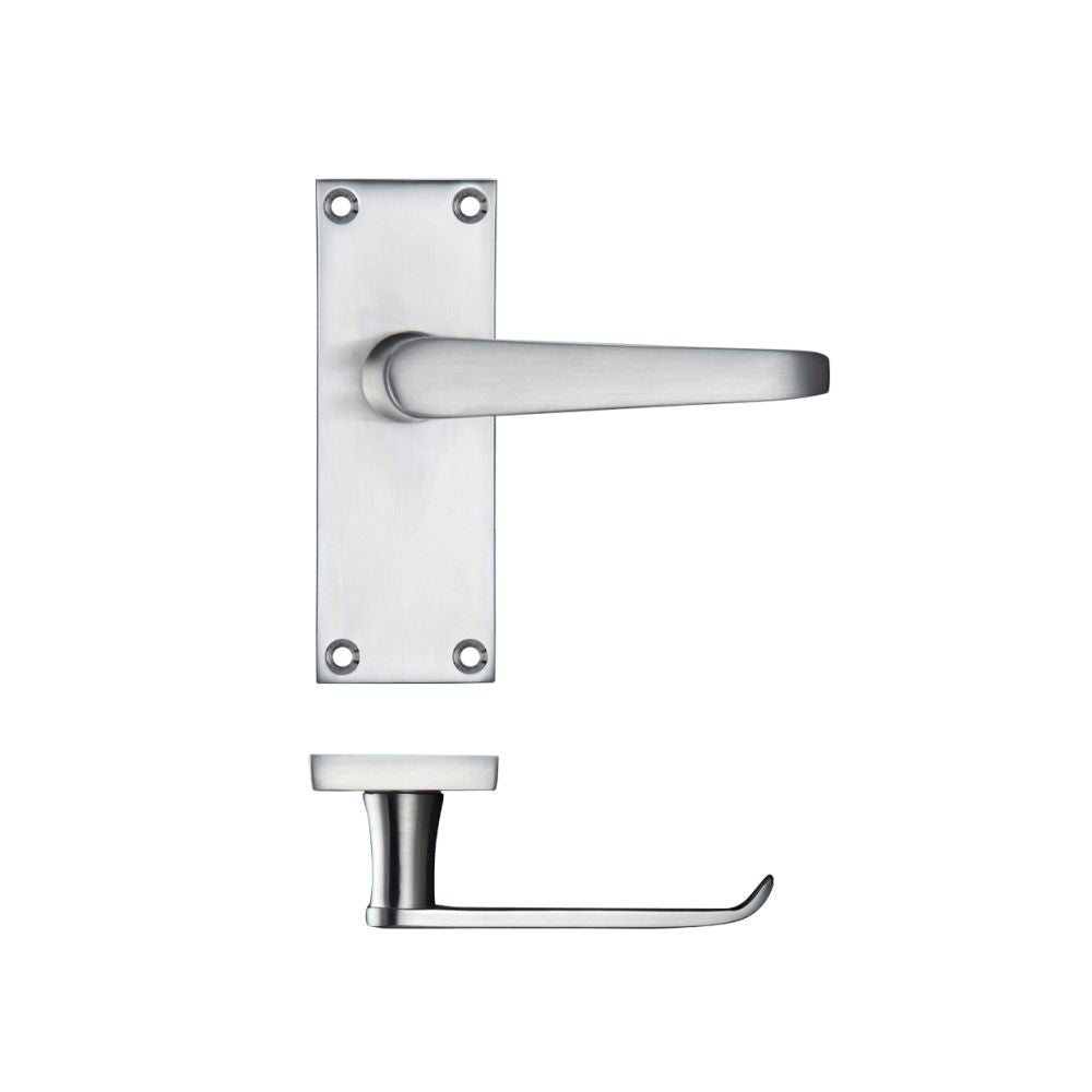 High quality image of the PR0 - Project Range - Project Victorian Flat Lever on Latch Backplate 114 x 40mm - Satin Chrome | Sku. pr042sc | available to order from Trade Door Handles.