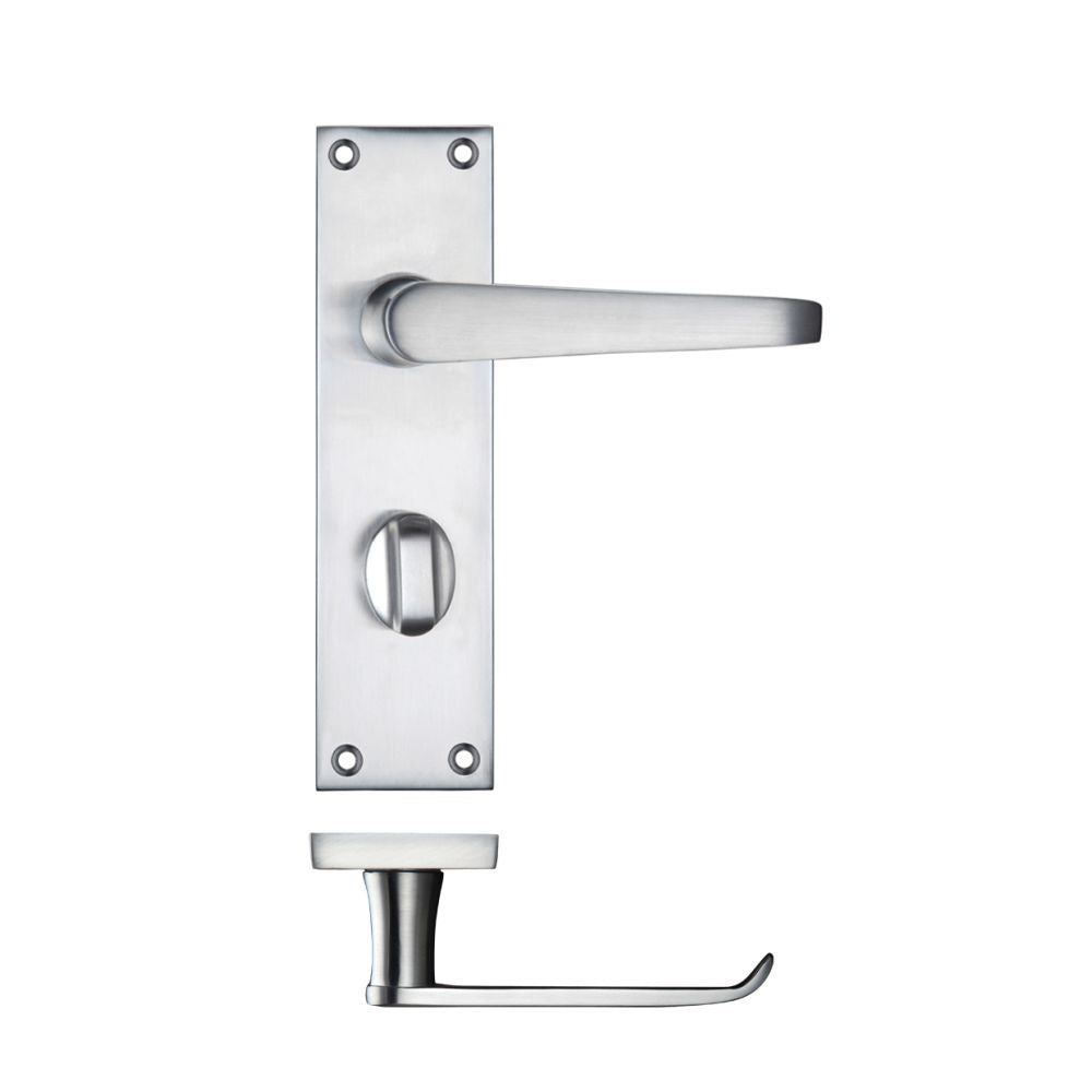 High quality image of the PR0 - Project Range - Project Victorian Flat Lever on Bathroom Backplate 150 x 40mm - Satin Chrome | Sku. pr043sc | available to order from Trade Door Handles.