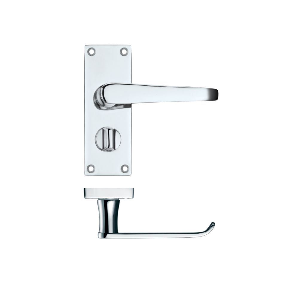 High quality image of the PR0 - Project Range - Project Victorian Flat Lever on Privacy Backplate 114 x 40mm - Polished Chrome | Sku. pr044cp | available to order from Trade Door Handles.