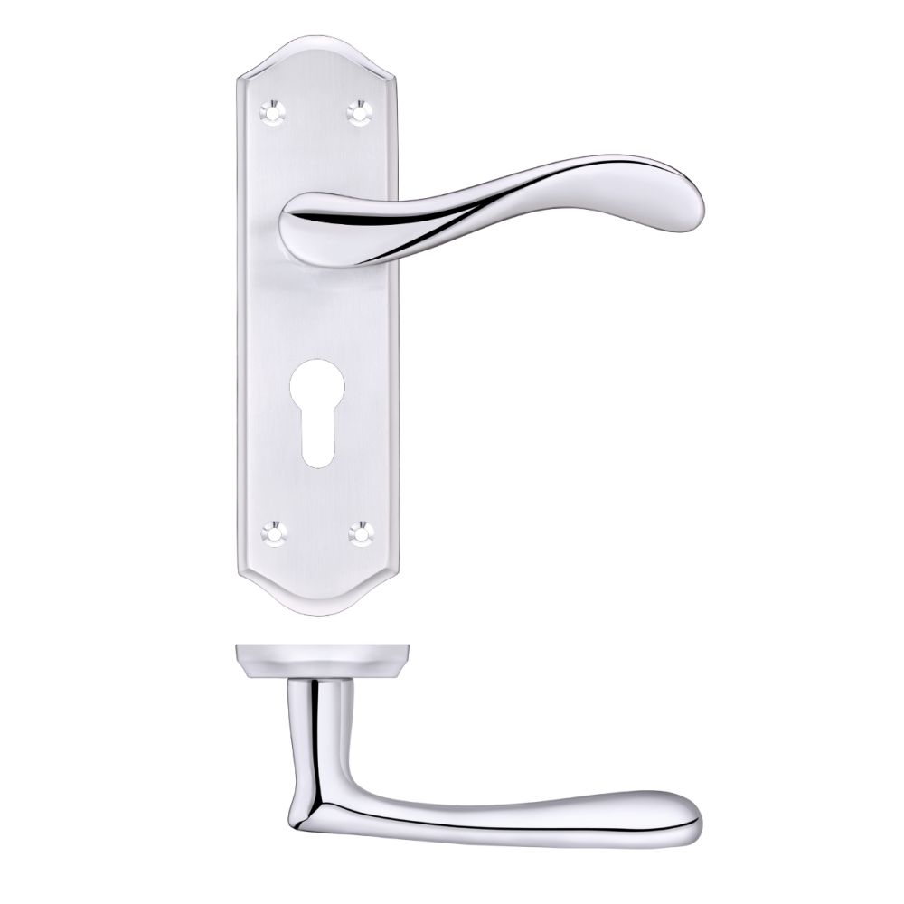 High quality image of the PR0 - Project Range - Project Asti Lever on Europrofile Lock Backplate - Satin Chrome/Polished Chrome | Sku. pr061epsccp | available to order from Trade Door Handles.
