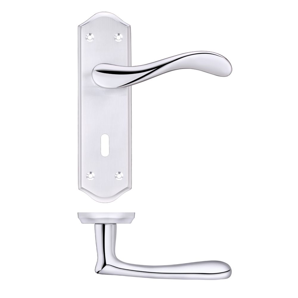 High quality image of the PR0 - Project Range - Project Asti Lever on Lock Backplate - Satin Chrome/Polished Chrome | Sku. pr061sccp | available to order from Trade Door Handles.