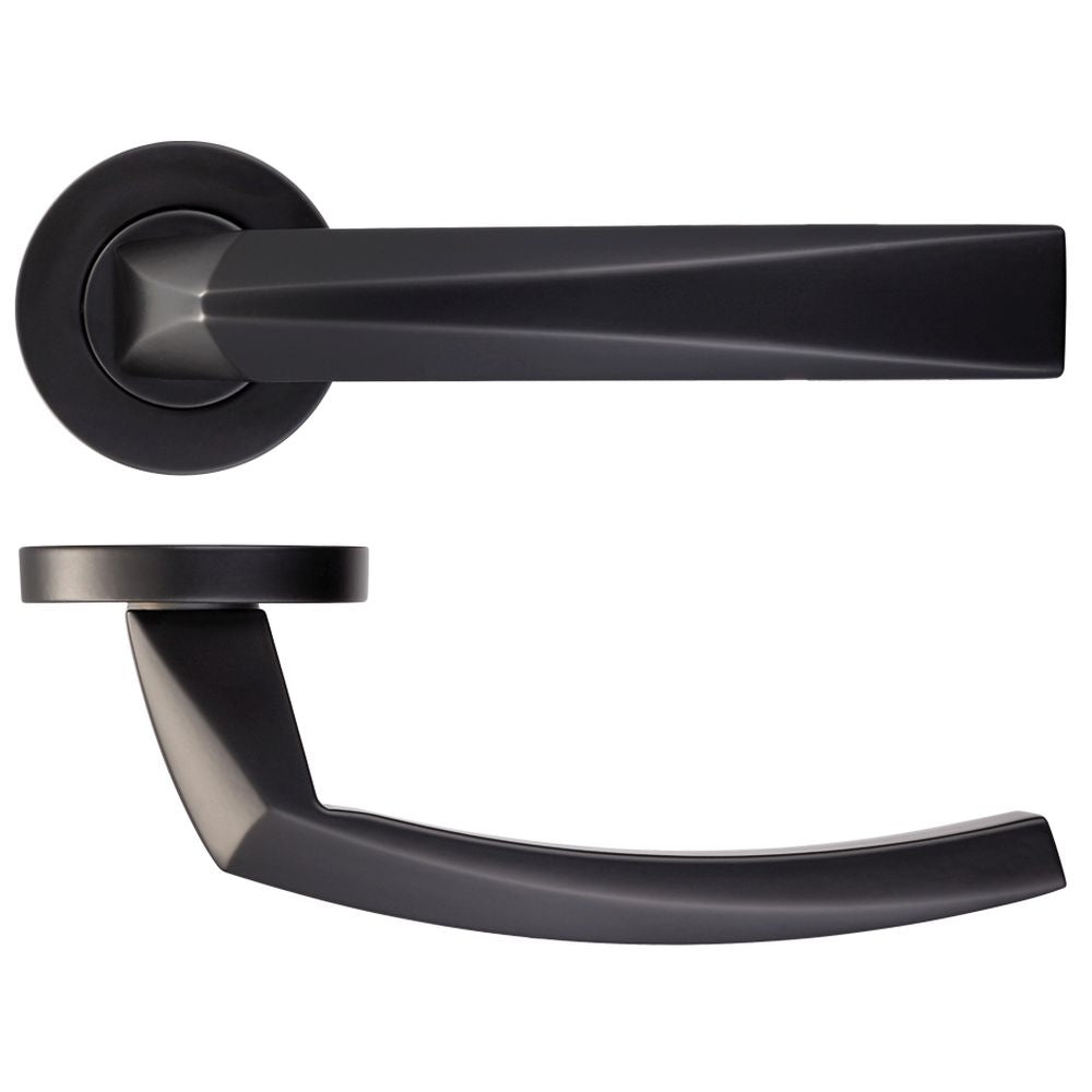 High quality image of the Rosso Maniglie - Hydra Lever on Round Rose - Powder Coat Black | Sku. rm010pcb | available to order from Trade Door Handles.