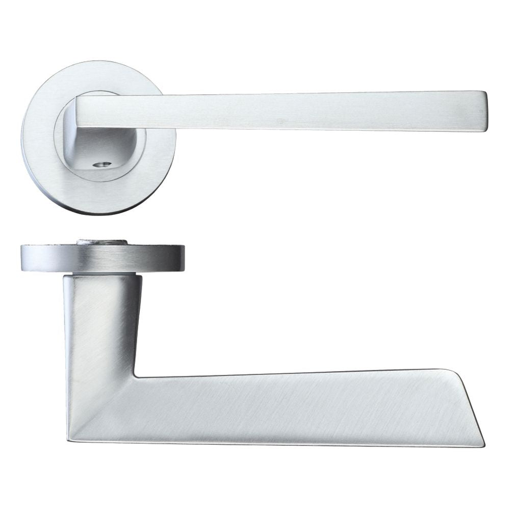 High quality image of the Rosso Maniglie - Lupus Lever on Round Rose - Satin Chrome | Sku. rm020sc | available to order from Trade Door Handles.