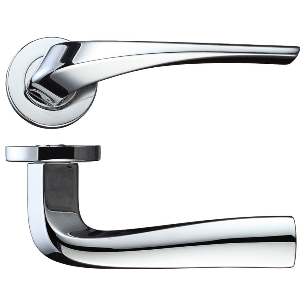 High quality image of the Rosso Maniglie - Aries Lever on Round Rose - Polished Chrome | Sku. rm060cp | available to order from Trade Door Handles.