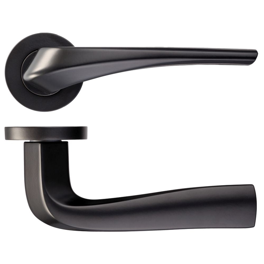 High quality image of the Rosso Maniglie - Aries Lever on Round Rose - Powder Coat Black | Sku. rm060pcb | available to order from Trade Door Handles.