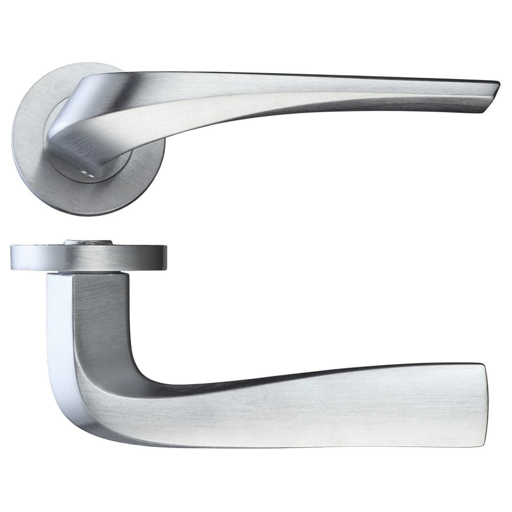 High quality image of the Rosso Maniglie - Aries Lever on Round Rose - Satin Chrome | Sku. rm060sc | available to order from Trade Door Handles.