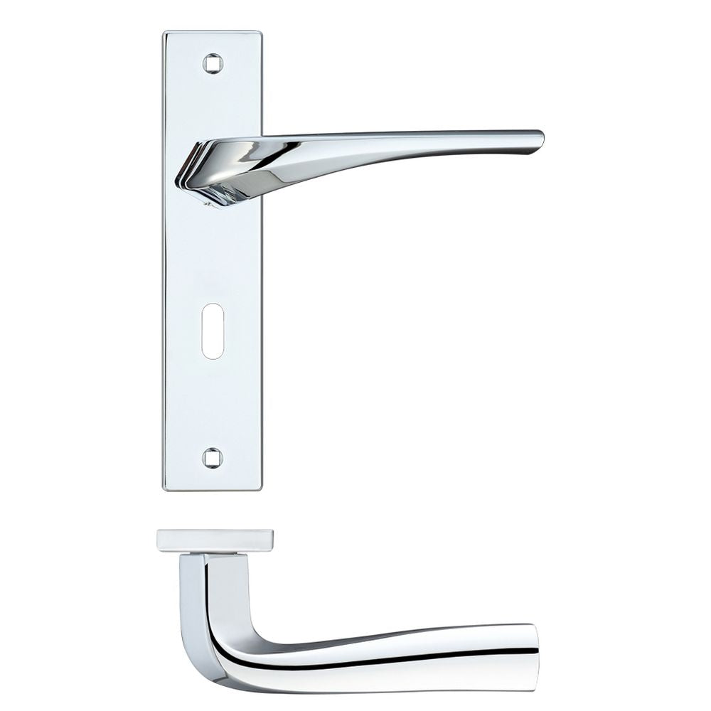 High quality image of the Rosso Maniglie - Aries Lever Lock (57mm c/c) On Backplate - 190x42mm - Polished Chrome | Sku. rm061cp | available to order from Trade Door Handles.
