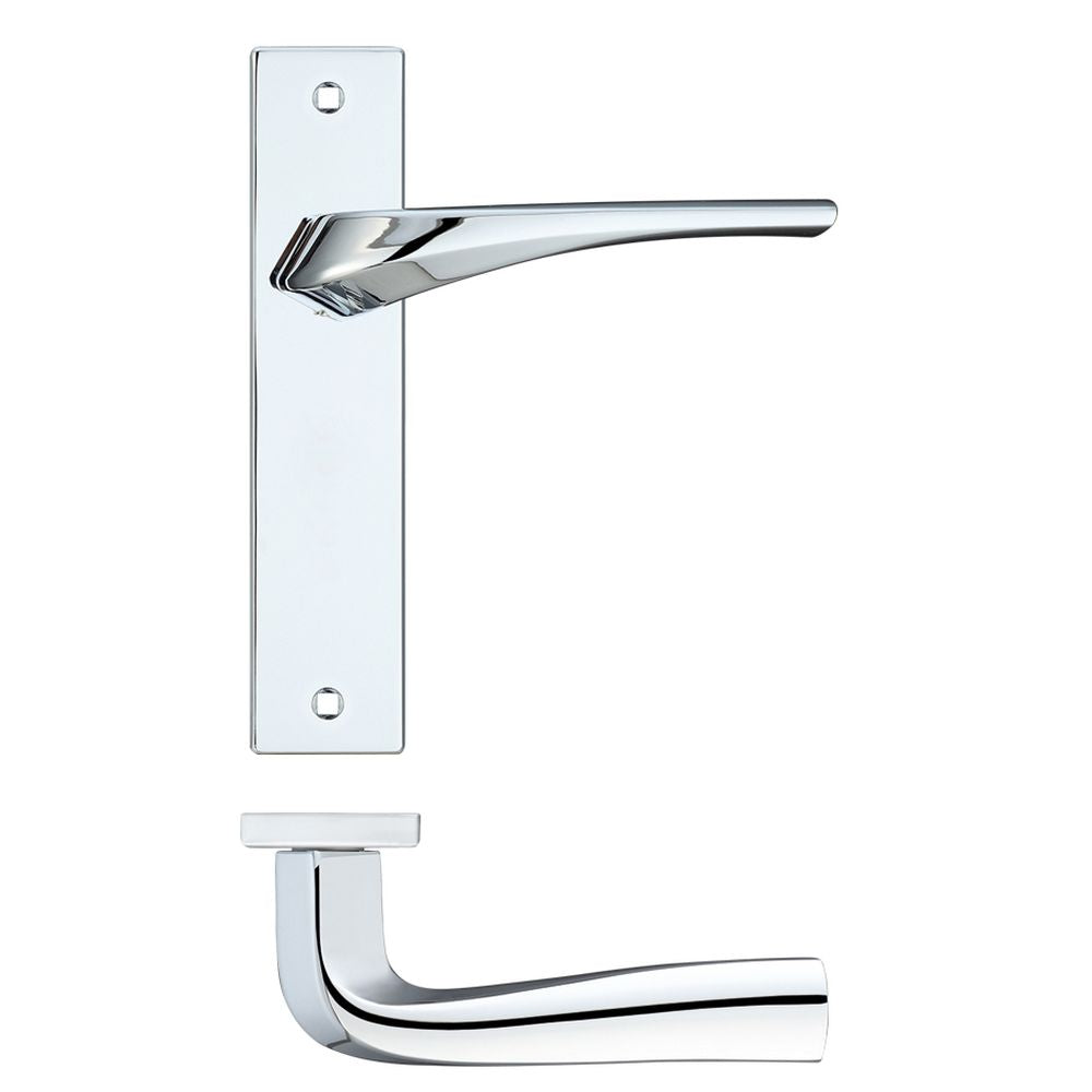 High quality image of the Rosso Maniglie - Aries Lever Latch On Backplate - 190x42mm - Polished Chrome | Sku. rm062cp | available to order from Trade Door Handles.