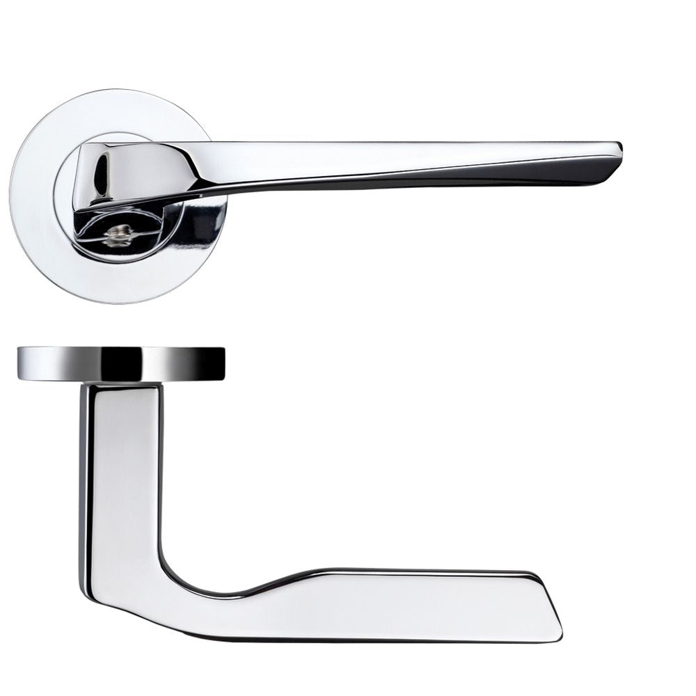 High quality image of the Rosso Maniglie - Lyra Lever on Round Rose - Polished Chrome | Sku. rm090cp | available to order from Trade Door Handles.