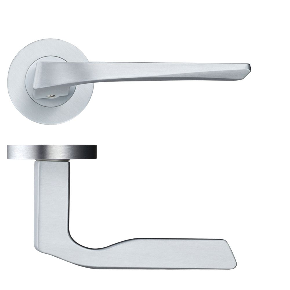 High quality image of the Rosso Maniglie - Lyra Lever on Round Rose - Satin Chrome | Sku. rm090sc | available to order from Trade Door Handles.