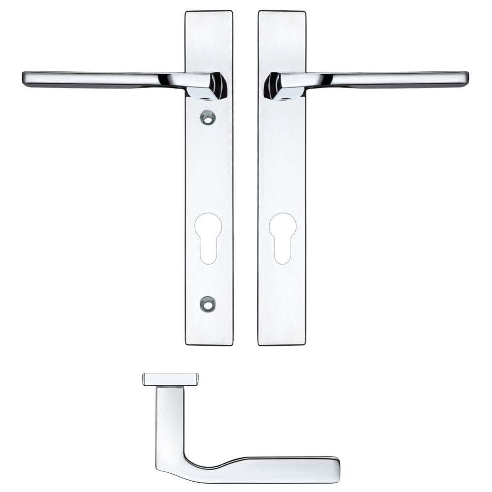 High quality image of the Rosso Maniglie - Vela Lever Euro Lock (92mm c/c) On Narrow Backplate - 220x32mm - Polished Chrome | Sku. rm12np92cp | available to order from Trade Door Handles.
