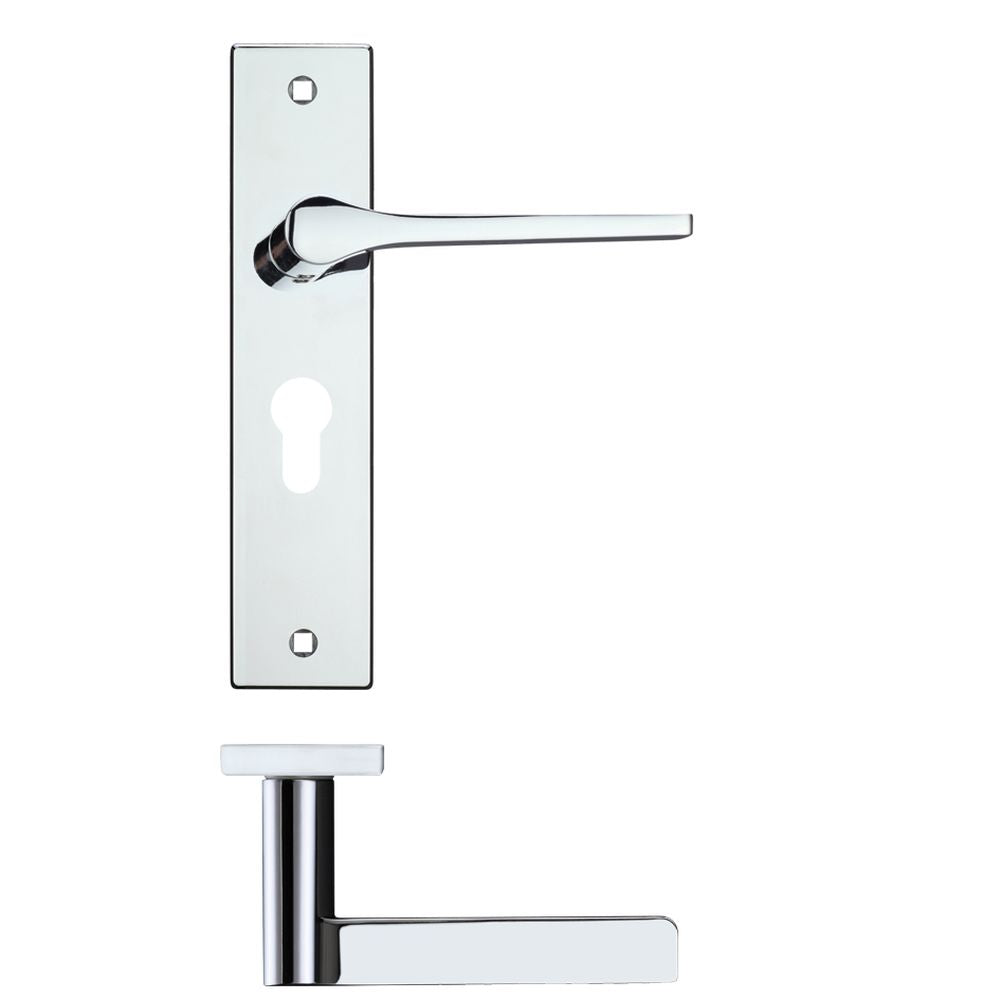 High quality image of the Rosso Maniglie - Draco Lever Euro Lock (47.5mm c/c) On Backplate - 190x42mm - Polished Chrome | Sku. rm131epcp | available to order from Trade Door Handles.