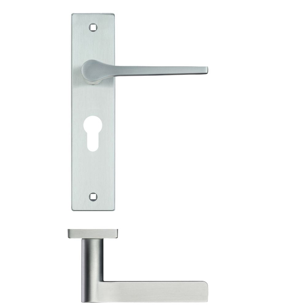 High quality image of the Rosso Maniglie - Draco Lever Euro Lock (47.5mm c/c) On Backplate - 190x42mm - Satin Chrome | Sku. rm131epsc | available to order from Trade Door Handles.
