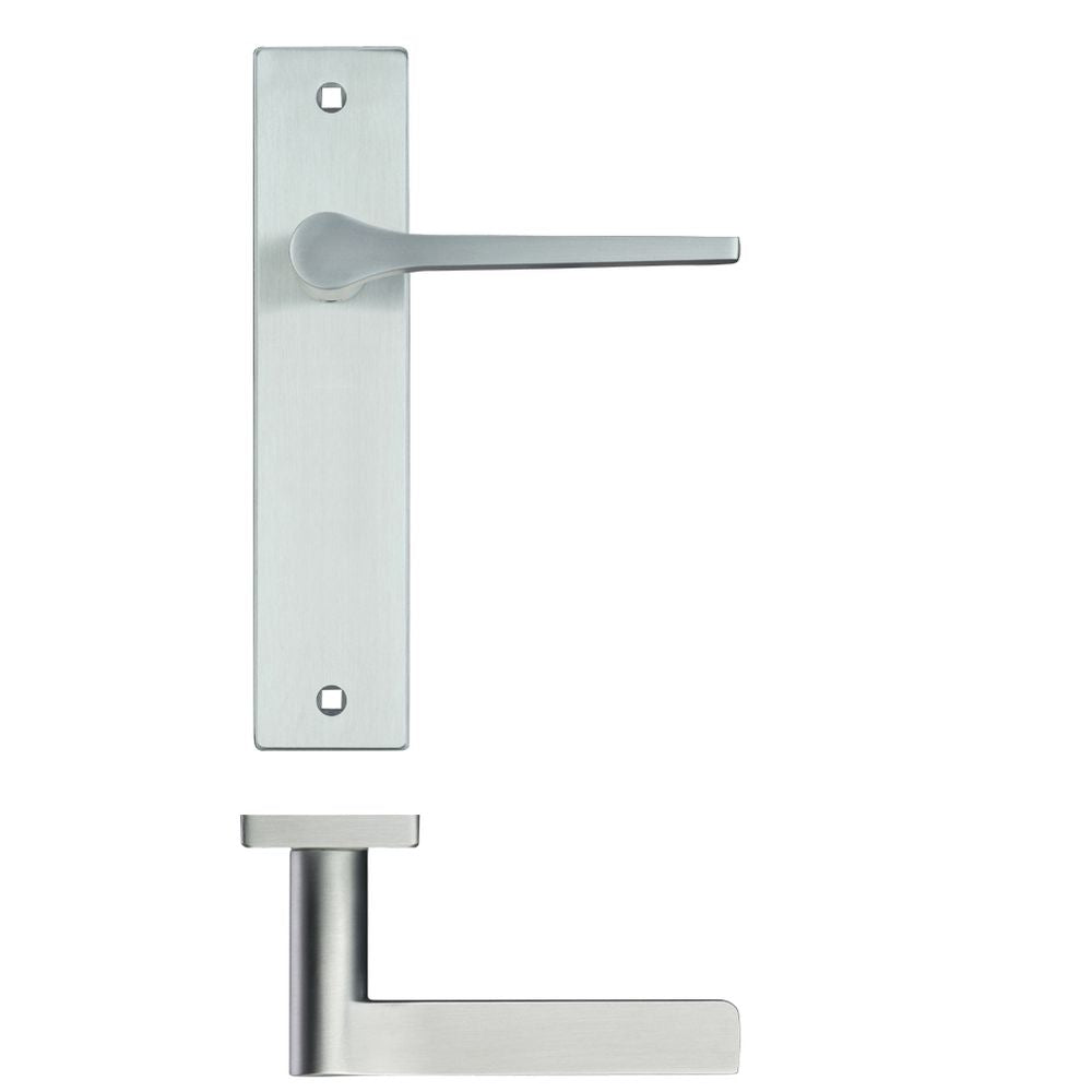 High quality image of the Rosso Maniglie - Draco Lever Latch On Backplate - 190x42mm - Satin Chrome | Sku. rm132sc | available to order from Trade Door Handles.